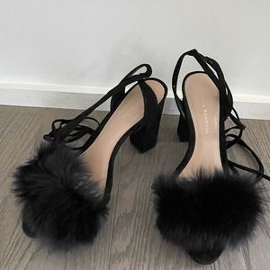 Loeffler Randall Black High Heels with Fur Detail - Size 8 - laces around ankles